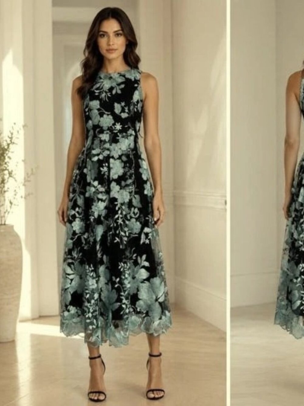 Alex Evenings Black Ice Blue Floral Embroidered Cocktail Midi Dress